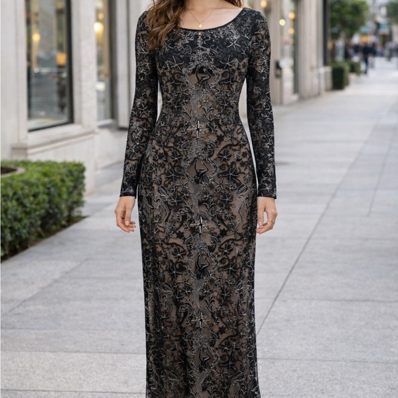 Tadashi Shoji Black and Gray Long Sleeve Dress - Picture 3 of 8